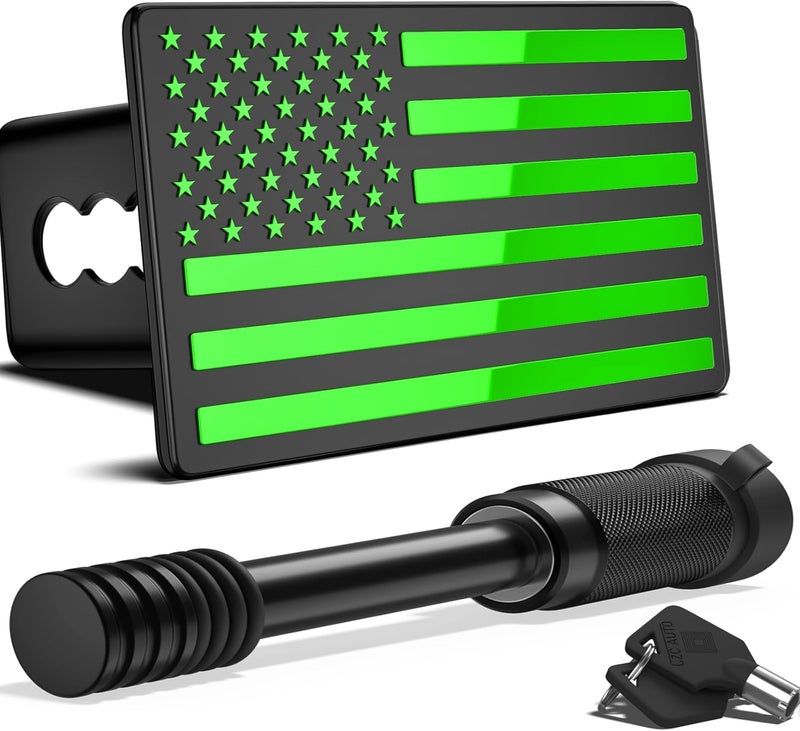 OGYE 2 Inch Trailer Hitch Cover with American Flag, Heavy Metal Trailer Hitch Cover Fit for 2 Inch Hitch Receivers (with 5/8" Pin Dia Anti-Theft Trailer Hitch Lock),3 * 5" Green - Image 1